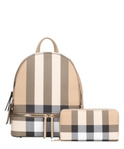 2-In-1 Fashion Plaid Print Backpack Wallet Set LM-7285W KHAKI